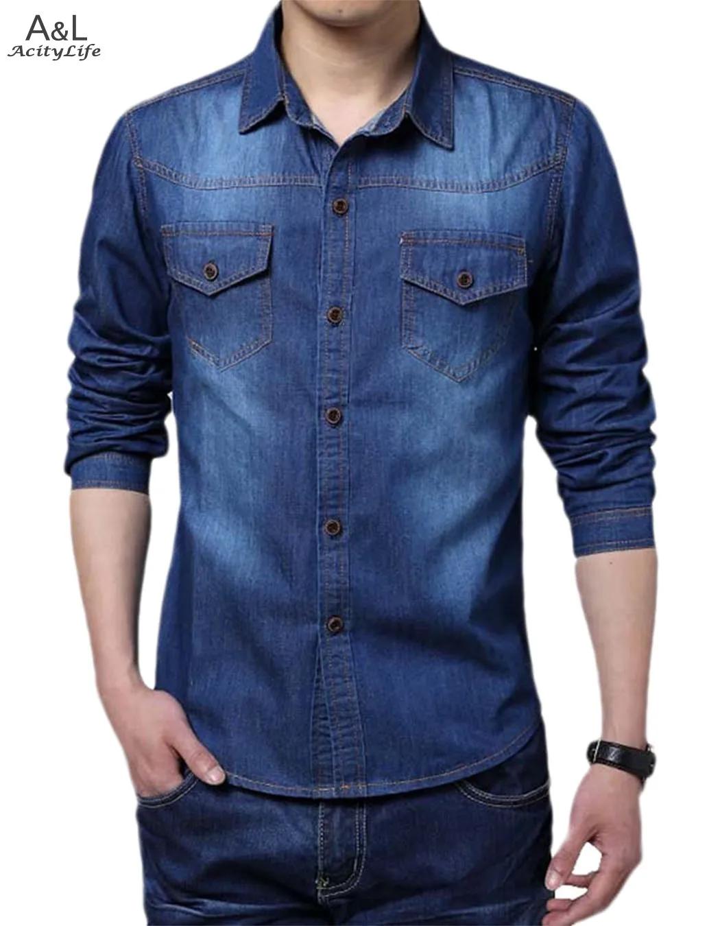 Big Size Men Shirt Denim Large Size XXL Cotton Turn down Collar Button