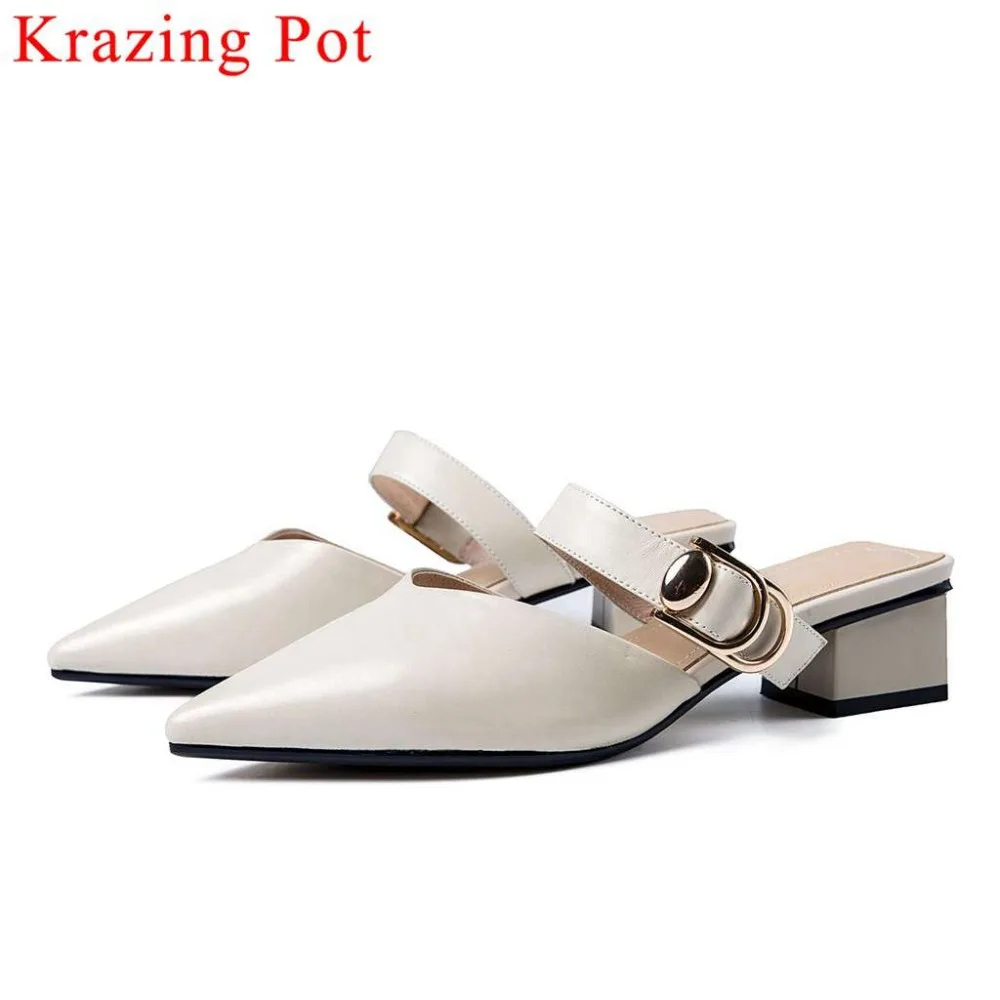 

2019 new arrival slip on full grain leather mules gentlewoman handmade original designer chunky low heels runway party pumps L11