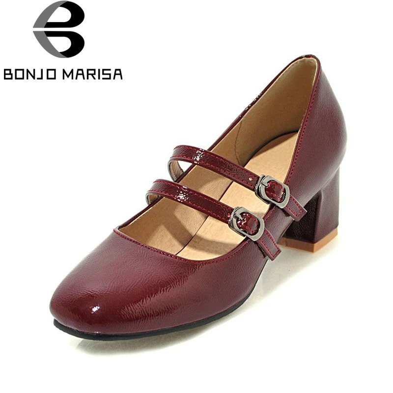 

BONJOMARISA 2018 Spring Autumn Elegant Shallow Women Mary Janes Pumps Big Size 33-43 High Hoof Heels Square Toe Shoes Woman