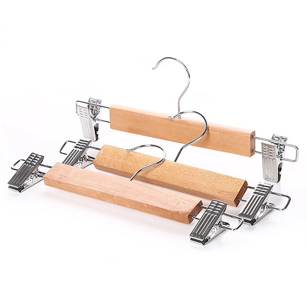 10pcs Durable Skirt Practical Anti Slip Laundry Clothes Hanger Pants Home Anti-rust Natural Slack With Clips Wooden Adjustable - Цвет: 32cm