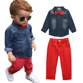 

Christmas Denim Set Clothes For Boy Kid Bow Tie 2 Piece Suit Autumn Long Sleeve Shirt Top+Red Casual Trouser Suit Children Kit