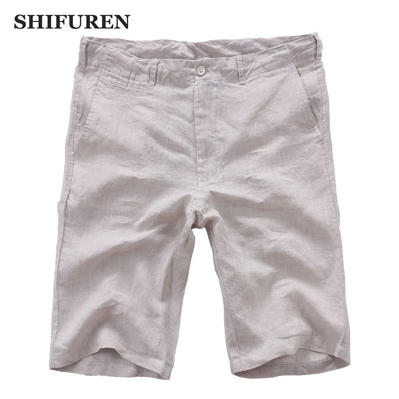 

Шорты SHIFUREN мужские с эластичным поясом, тонкие дышащие повседневные пляжные однотонные до колен, из 2018 чистого льна, лето 100%