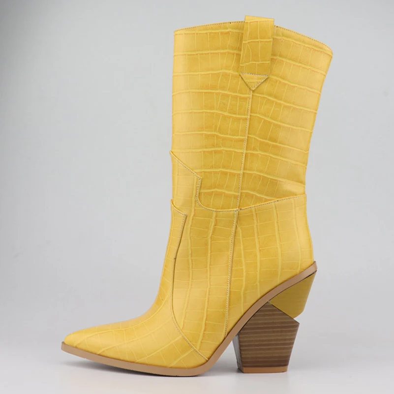 Meotina/зимние ковбойские сапоги женские модные сапоги до середины икры на необычном каблуке Обувь на очень высоком каблуке Дамская Осенняя обувь размера плюс 33-46