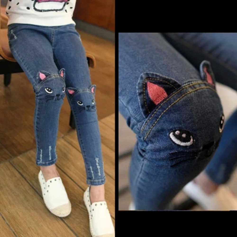 Детские джинсы для девочек, одежда корейские штаны для малышей с рисунком кота джинсы с вышивкой джинсовые брюки детские штаны из эластичной ткани для детей от 3 до 8 лет
