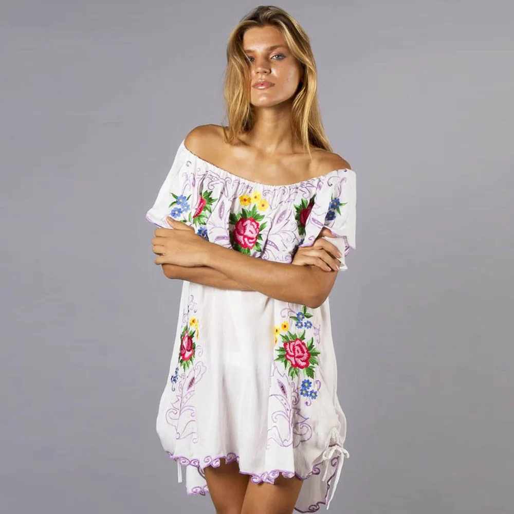Boho Ruffle с открытыми плечами женское платье с цветочной вышивкой мини-платья шикарное повседневное короткое платье с v-образным вырезом свободное хлопковое летнее платье Новинка