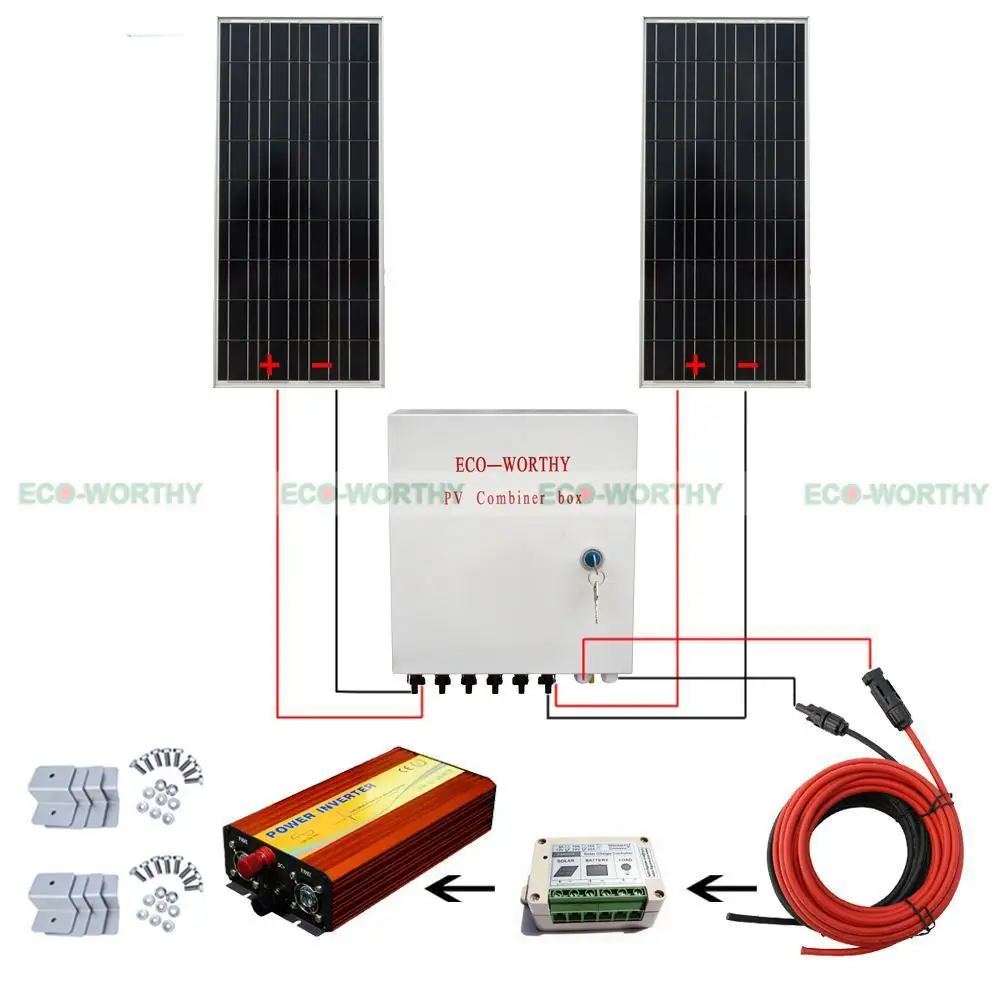 200W Home Kit 100W 12V Solar Panel 6 String Combiner Box 1KW 12V-110V Inverter Solar Generators