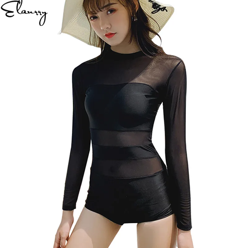 

2019 Newest One Piece Swimsuit Long Sleeves Transparent Swimsuit Black Sexy Swimwear Vintage Padded Monokioni Maillot De Bain