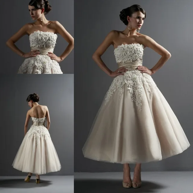 Dreamlike Mid Calf Length Ball Gown Wedding Dress With Flowers Dreamlike Mid Calf Length Ball Gown Wedding Dress With Flowers Traditional Champagne Colored