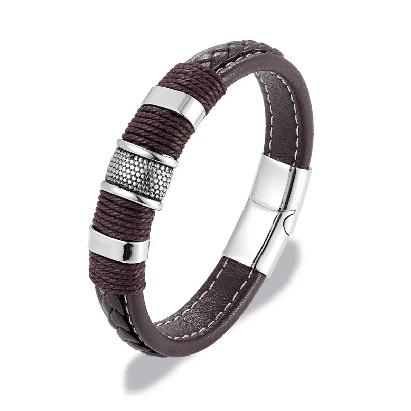 MKENDN Brand Multilayer Braid Genuine Leather Bracelet Titanium Stainless Steel Magnetic Buck Bracelet Men Woven Bangle Pulseras