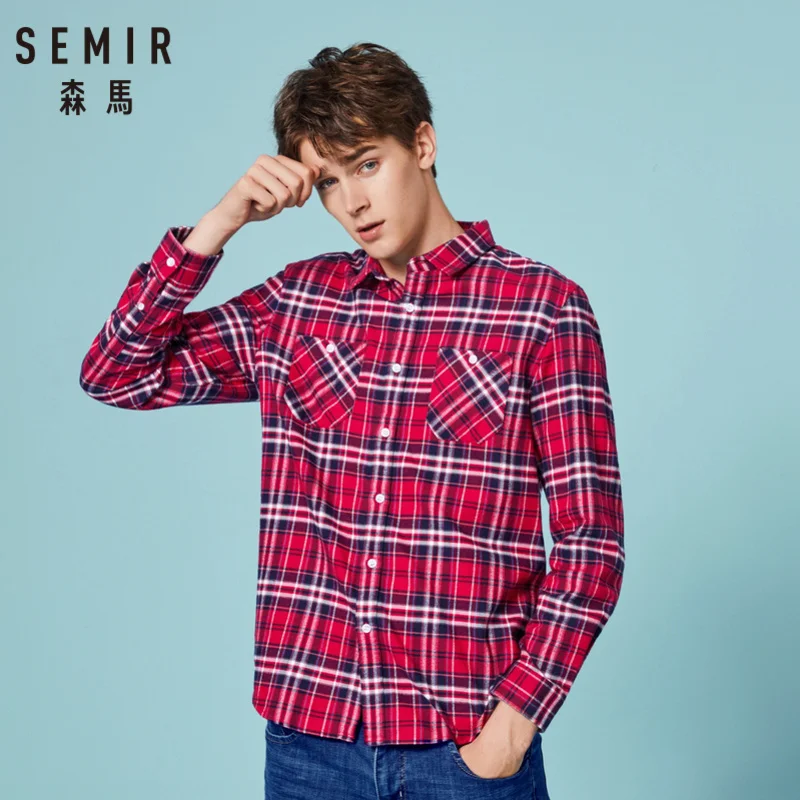 Beste SEMIR Mannen 100% Katoen Regular Fit Flanel Tartan Shirt met Turn down Kraag Lange Mouwen met Taperd taille Knop op Manchet