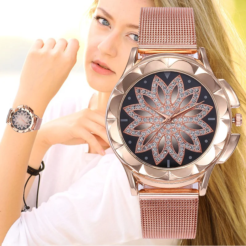 

2019 Fashion Women Rose Gold Flower Rhinestone Wrist Watches Luxury Casual Female Quartz Watch Relogio Feminino horloges watches