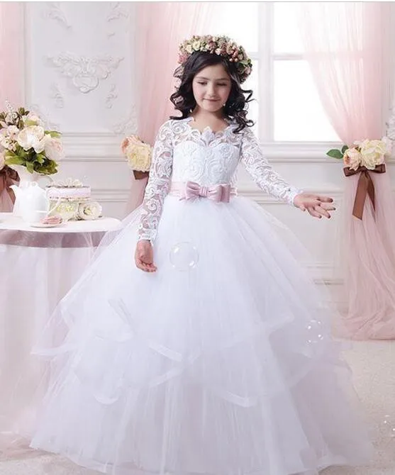 

BONJEAN Long Sleeve Ball Gown Girls Flower Girl Dresses for Wedding Princess Lace Bow First Communion Dress for Girls Prom Gown