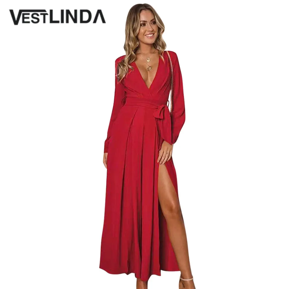 

VESTLINDA Jumpsuit Plunge Neck Long Sleeve Belted High Slit Solid Wine Red Women Jumpsuit 2018 Fashion Rompers Female Overalls
