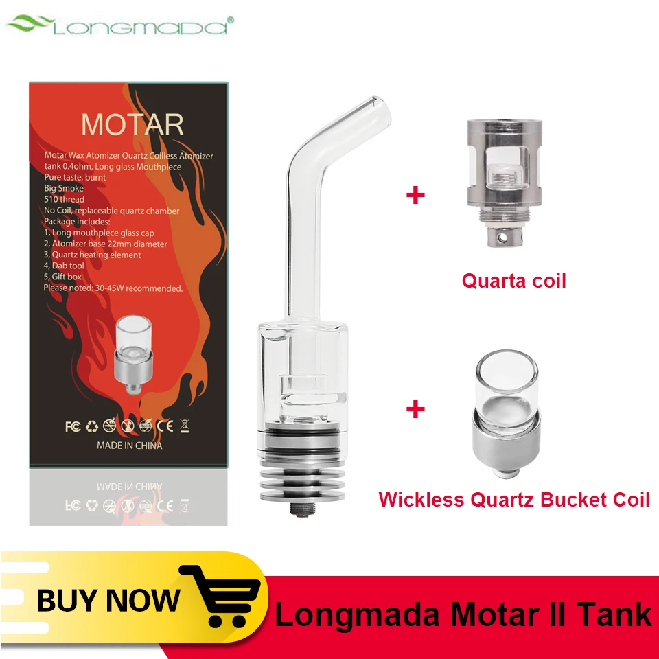 

Original Longmada Motar II Wax Vape Atomizer Tank Quartz Clearomizer Long Glass Bucket Coil Quartz e cigarette 510 Atomizer Tank
