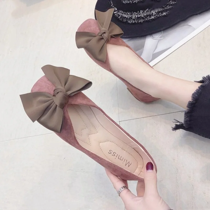 2019 spring new wild bow square head single shoes female flat bottom scoop shoes