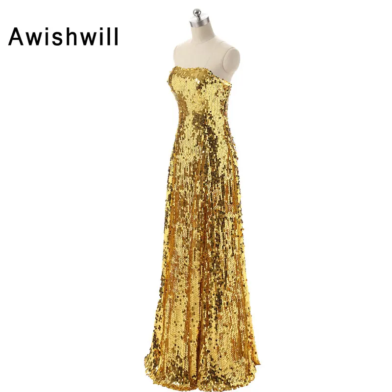 Custom Plus Size Bling Bling Golden Sequin Prom Dress Strapless Floor length Long Vestidos de