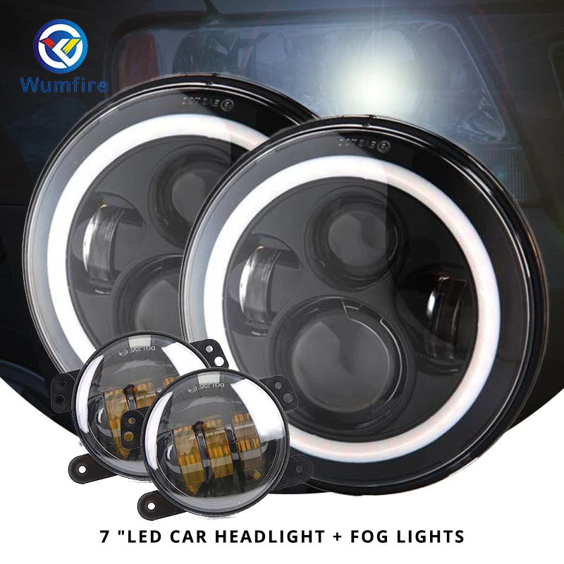 

7 " Motorcycle White Amber Halo Angel Eye DRL Led Headlight+2PCS 4.5" Fog Lights Assembly for jeep wrangler