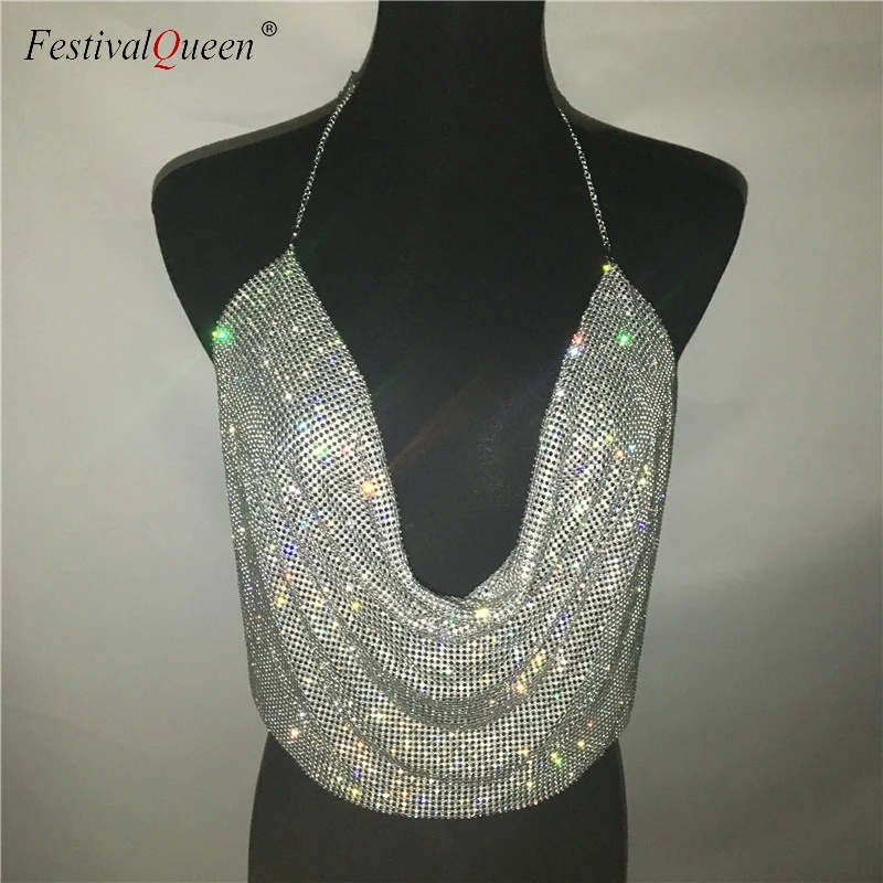 Festivalqueen Для женщин Стразы с блестками комплект к требованиям заказчика; сверкающие; цвета: золотистый, серебристый с открытой спиной на бретельках, с глубоким v-образным вырезом укороченный топ со стразами и металлическими Разделение мини-юбка