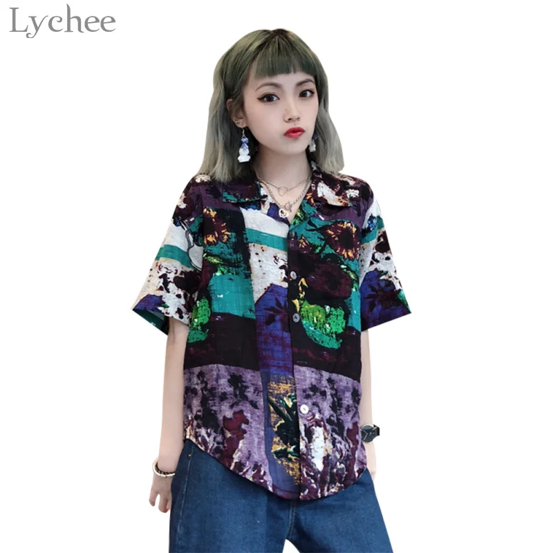 

Lychee Harajuku Painting Print Blouse Short Sleeve Summer Women Shirts Casual Turn Down Collar Blouse Female
