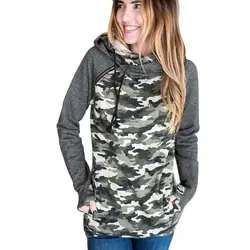 2019, новая мода осень зима для женщин Camo Спортивный костюм с капюшоном камуфляж сращивания с длинным рукавом, на молнии карманы повседневные