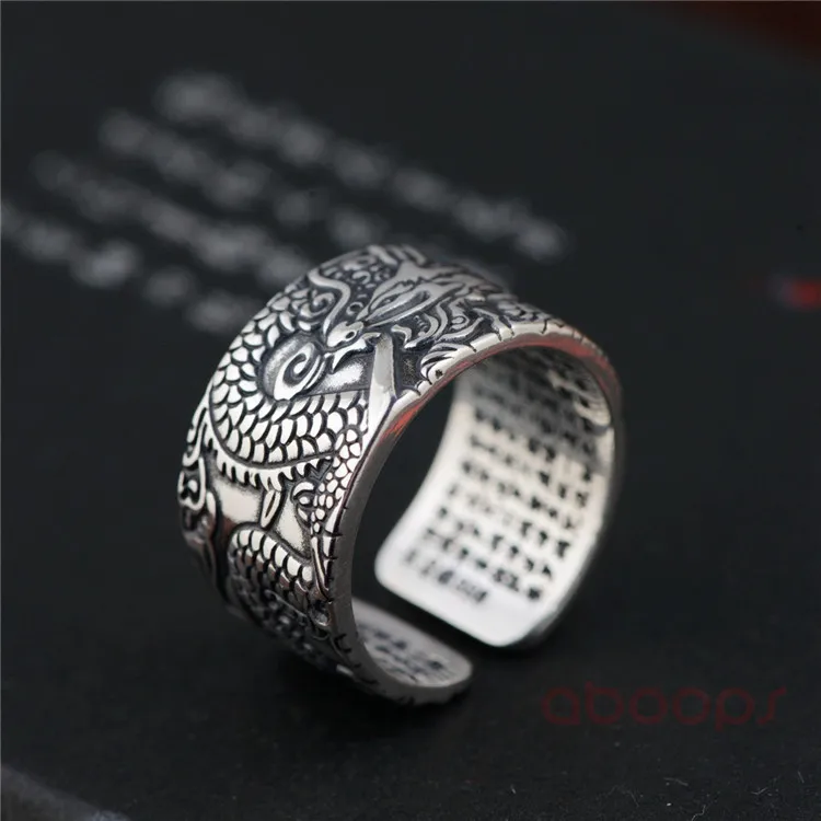 12 мм Винтажное кольцо из стерлингового серебра с китайским драконом, с гравировкой, сердце, Сутра внутри, для мужчин и мальчиков, регулируемое
