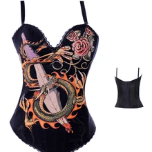 Хлопок корсет; соблазнительный Корсет Топ черный Хэллоуин костюм панка верхняя одежда Корсеты выше груди и бюстье Дракон печати татуировка с Чиан