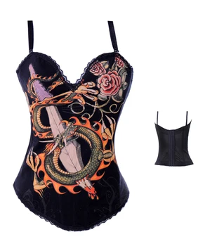 

Cotton corset Sexy corset top Black Halloween Punk Costume Outwear overbust Corsets and Bustiers Dragon print Tattoo with Chian
