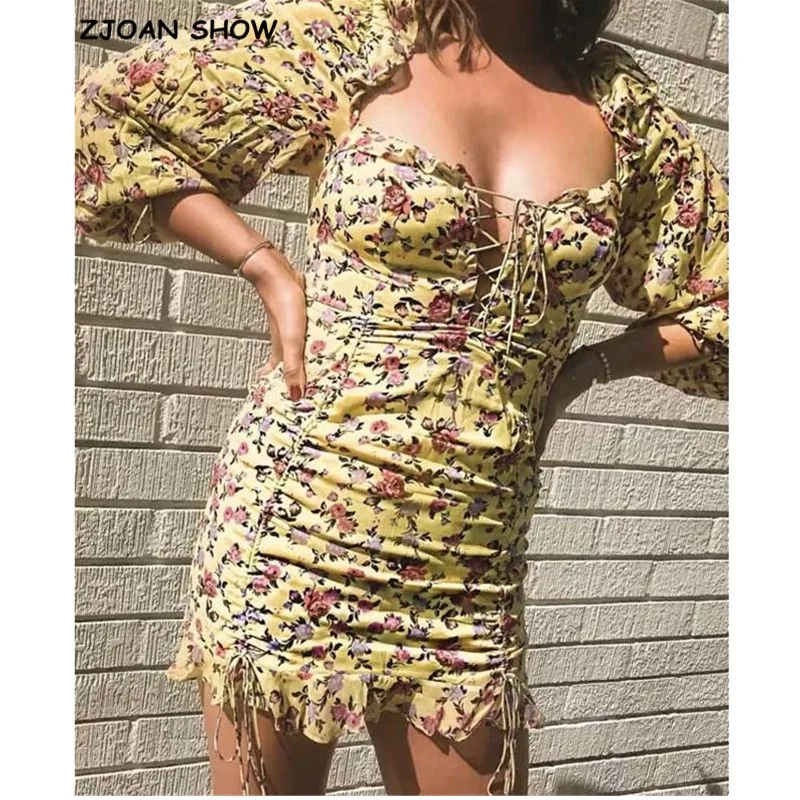 Cena 2019 Sexy żółty w kwiaty drukuj letnia sukienka wzburzyć szczegóły długie rękawy sukienka mini dla kobiet krawat dekolt sukienek