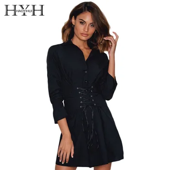 

HYH HAOYIHUI 2018 Apparel Autumn V-Neck Black Lace-up Single Dress Women Button Long Sleeve A-Line Casual Dress For Lady