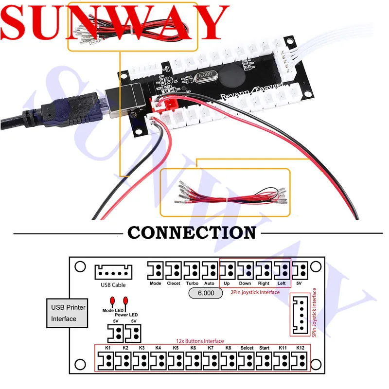 SUNWAY 2 игрока светодиодные аркадные кнопки и джойстики DIY kit 2X Джойстики+ 20x светодиодные аркадные кнопки игровой контроллер комплект для MAME