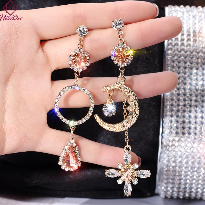 

Korean Long Unique Asymmetry Crystal Moon Stud Earrings Women Graceful Joker Prevent Allergy 925 Silver Ear Nail Fashion Jewelry