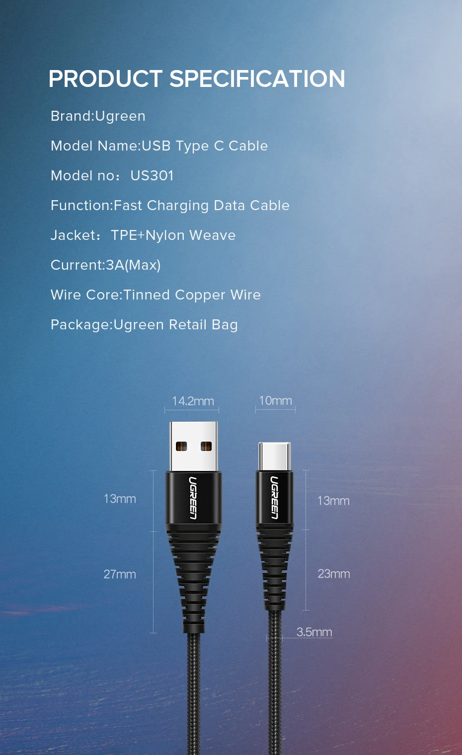 Ugreen 3A USB C кабель для samsung S10 S9 Note 9 Xiaomi Mi 9 8 Быстрая зарядка type-C кабель для Oneplus 6t type C шнур зарядного устройства