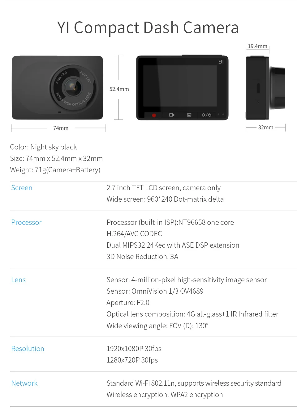 YI Compact Camera Car Recorder 1080p Full HD Cam Dash board with 2.7 inch LCD Screen 130 WDR Lens G-Sensor Night Vision Black