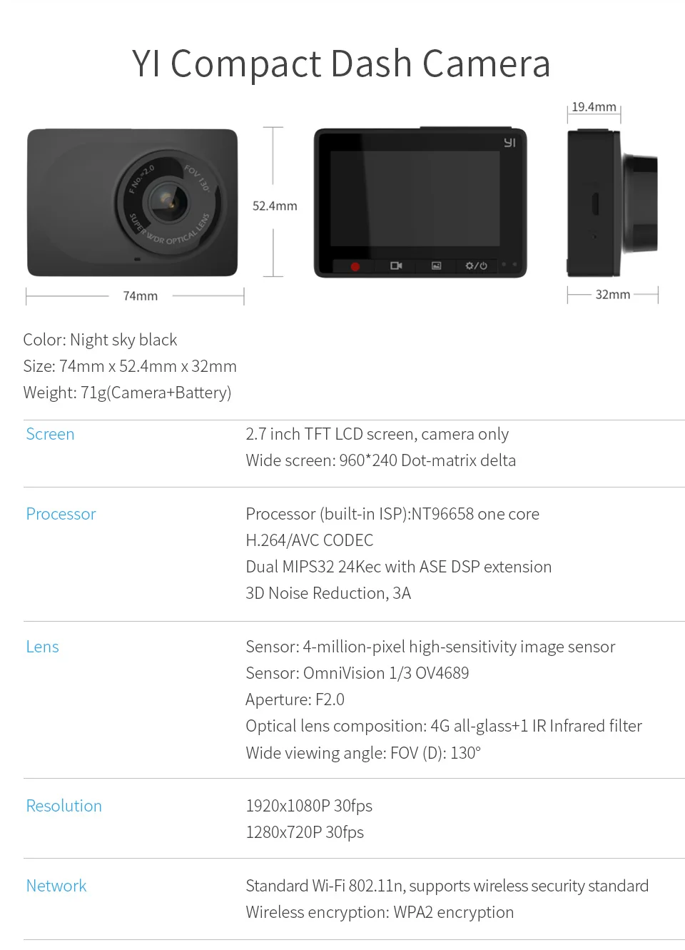 Автомобильный видеорегистратор YI Compact Dash Camera | Разрешение 2.7K | Широкий угол обзора 130° |