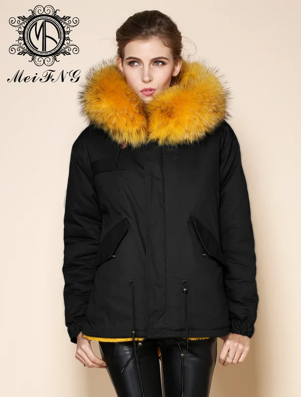 Short style winter warm coat Mrs Mr fur parka with big yellow real fur collarin Faux Fur from