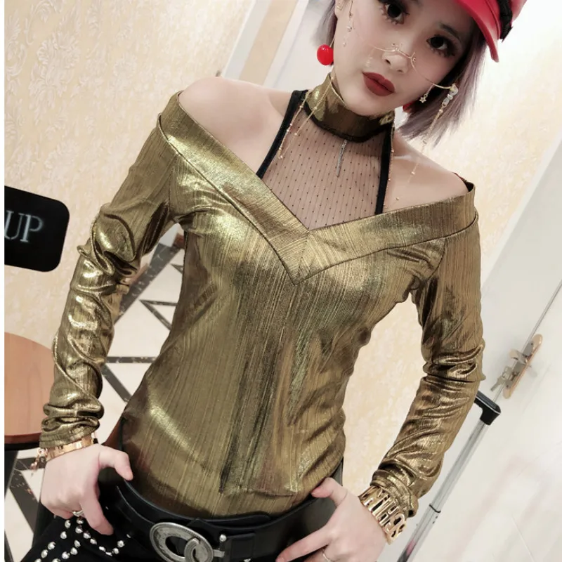 Горячие сексуальные длинные рукава шлейки с открытыми плечами футболки женские золотые серебряные Поддельные кожаные футболки женские металлические золотые клубный Топ