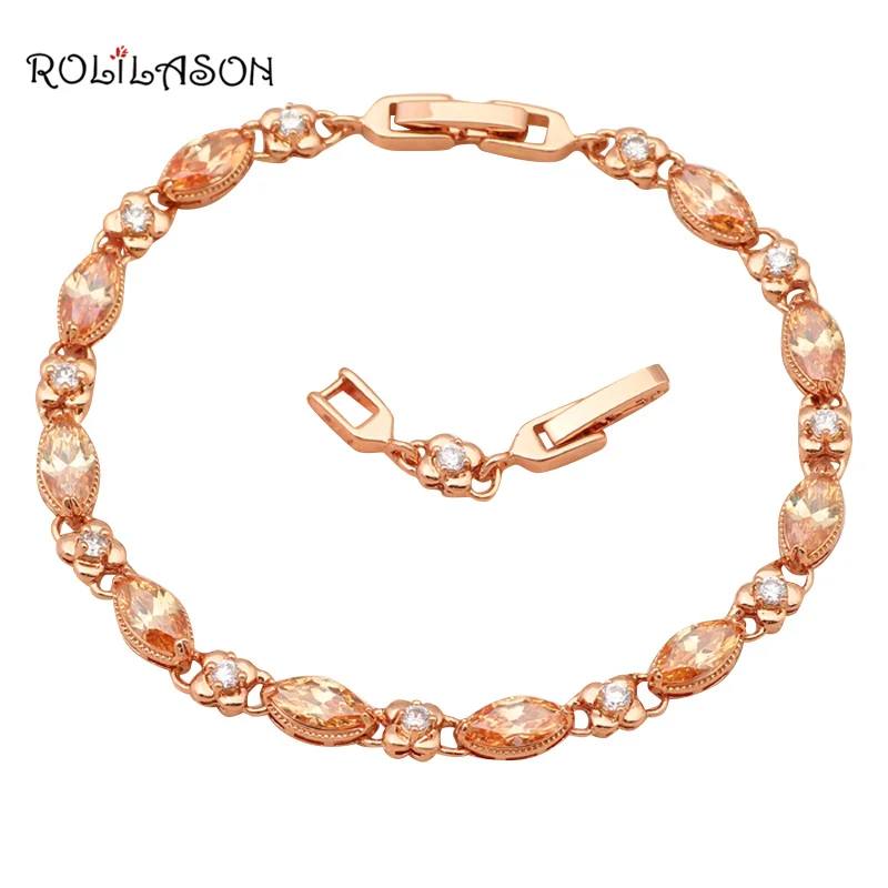 

ROLILASON Elegant design crystal white and champagne zircon Golden Bracelets Health Fashion jewelry gift for women TB521