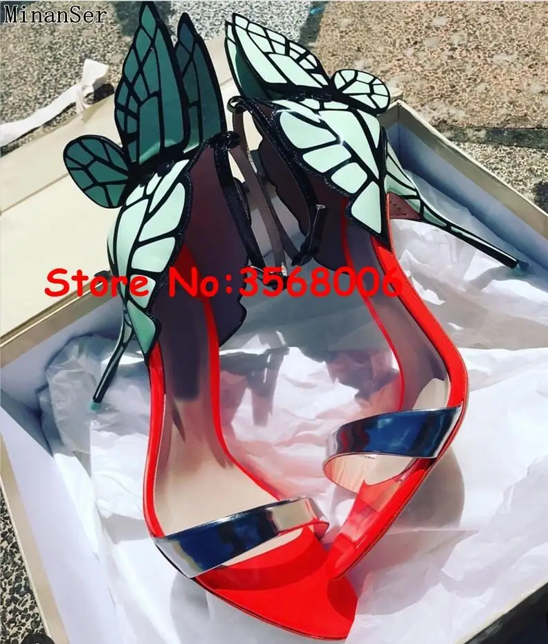 Wholesale amazing multi-color 3D butterfly open toe thin heels sandals wedding party bridal shoes sexy ankle wrap stiletto heels - Color: picture 15