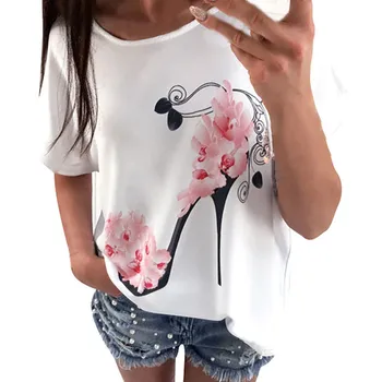 

2019 t shirt women o neck flower High Heels Printed Casual Loose summer T-Shirt clothes camisetas verano mujer 2019