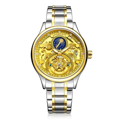 LAOGESHI Лагос полый лунный фантомный маховик автоматические механические часы мужские водонепроницаемые часы - Цвет: Silver Gold
