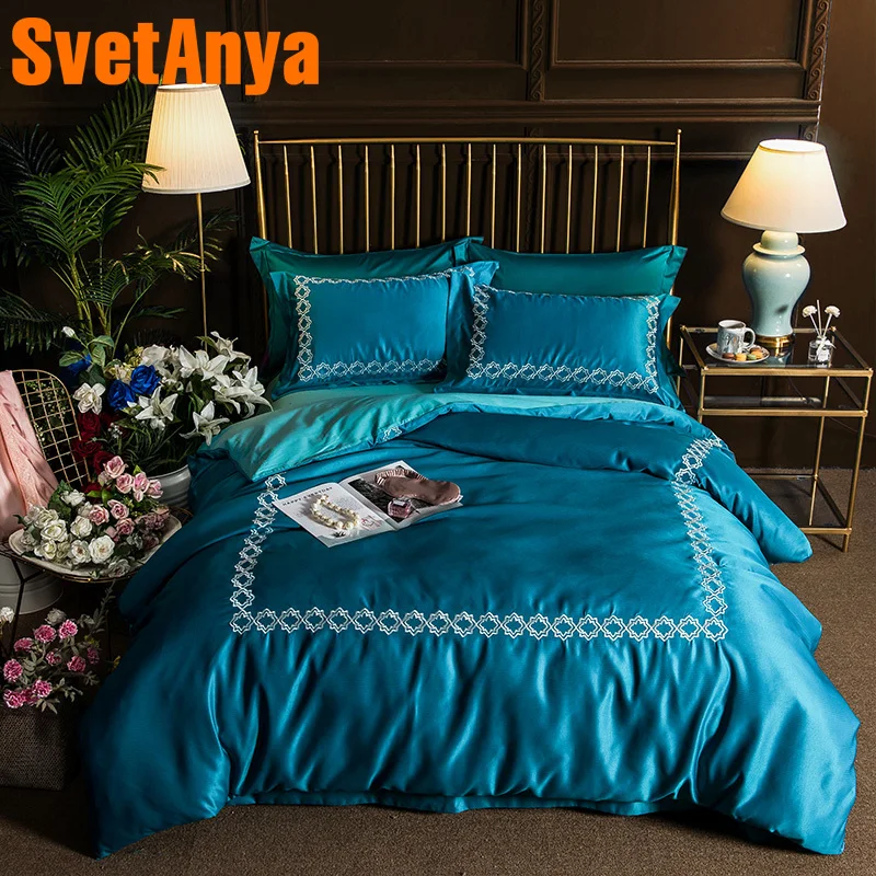

Svetanya Embroidered Bedding sets Queen King size Sheet Pillowcases Quilt Cover set Silk Polyester Cotton Fabric Blue