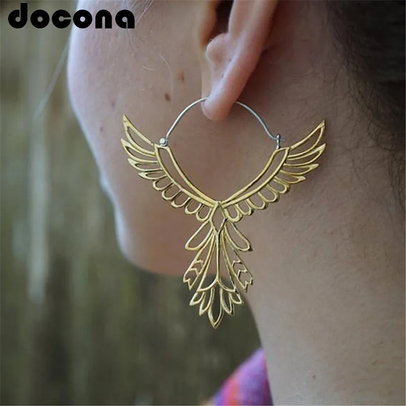 

docona Bohemia Hollow Thunderbird Shape Drop Earring Women Alloy Large Wing Feather Piercing Hook Earrings Statement Jewelry5839