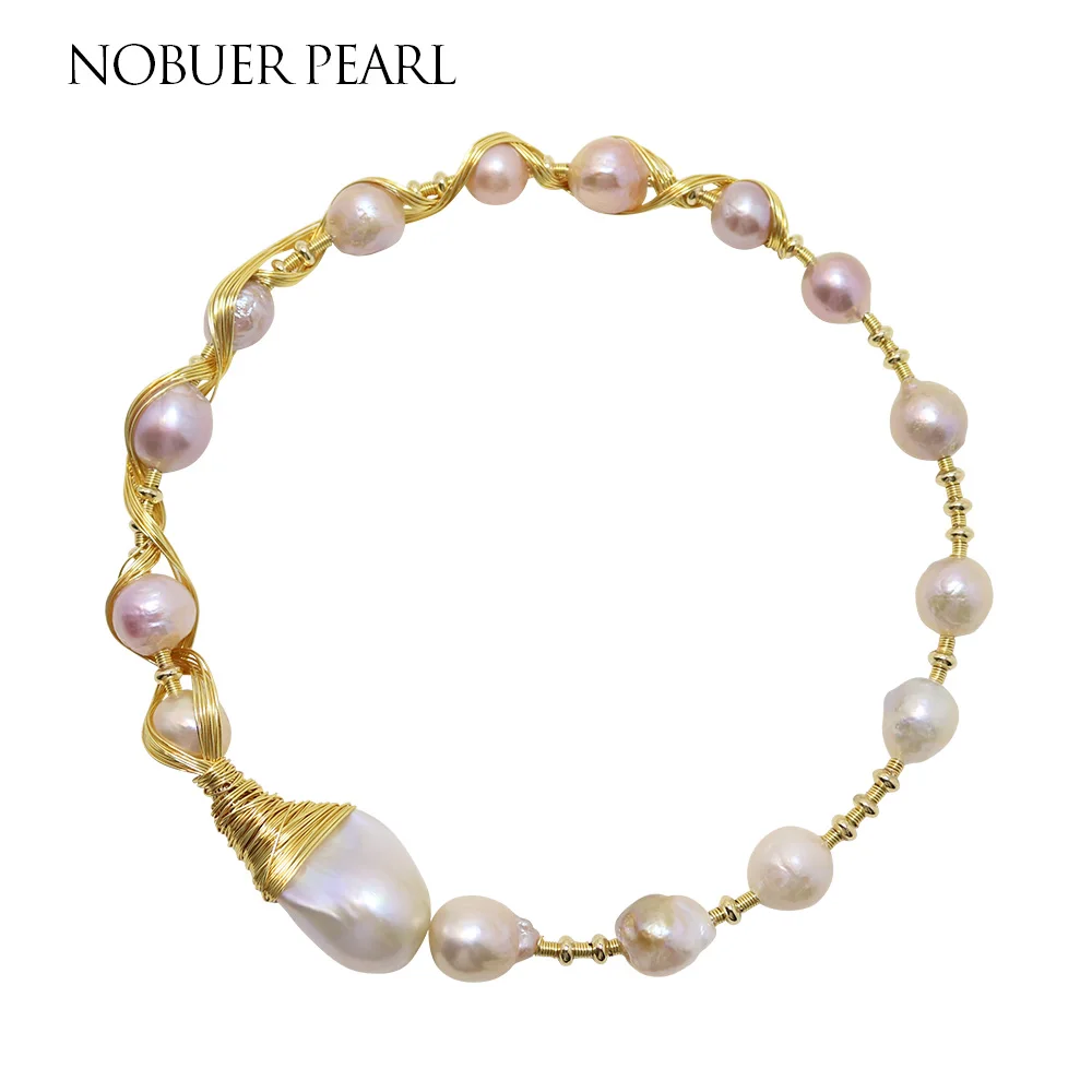 

Nobuer 14KGF Torques Link Chain Necklace White And Pink Baroque Pearl Necklace For Women Adjustable Size Trendy Handmade Jewelry