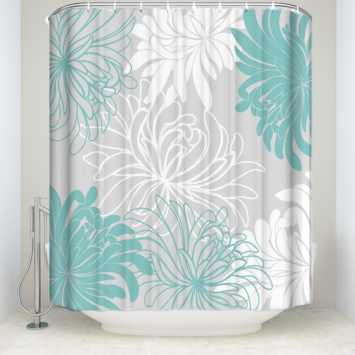 Waterproof Floral Shower Curtain with Hooks Polyester Fabric Daisy