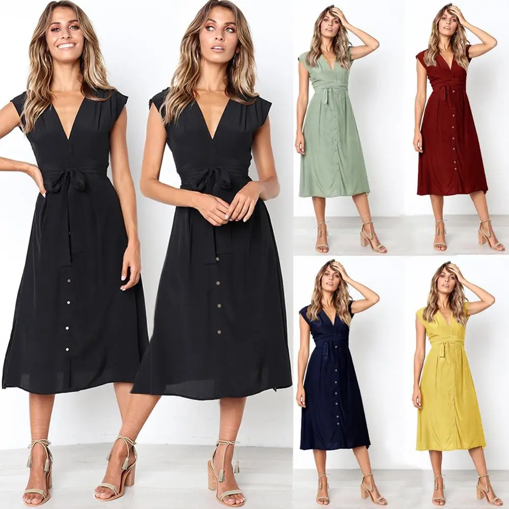 

2019 Hot Sale Spring Summer V Neck Women's Dress Sleeveless Button Knee-Length Dresses for Lady Casual Dresses female Midi Dress