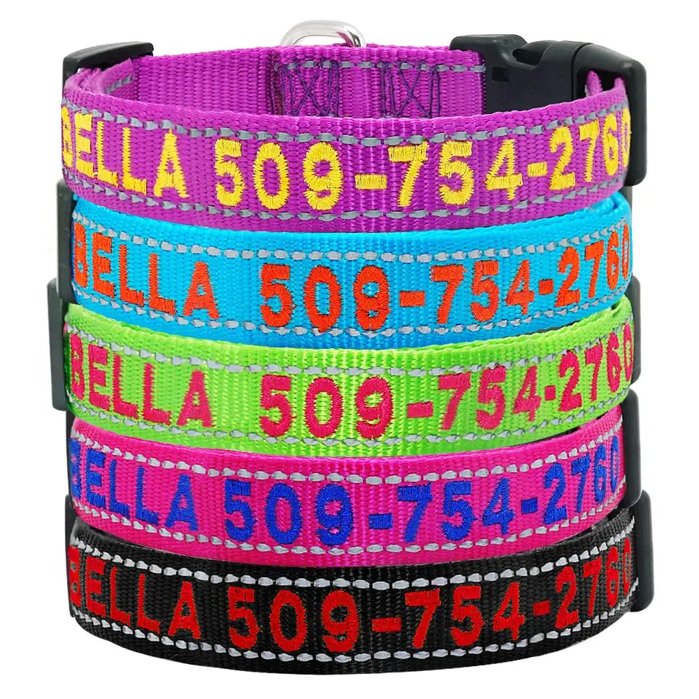 

Personalized Nylon Dog Collar Reflective Embroidered Dogs Collars Pitbull Pug Pet Name Phone No. Collars For Small Large Dogs