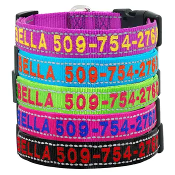 

Personalized Nylon Dog Collar Reflective Embroidered Dogs Collars Pitbull Pug Pet Name Phone No. Collars For Small Large Dogs
