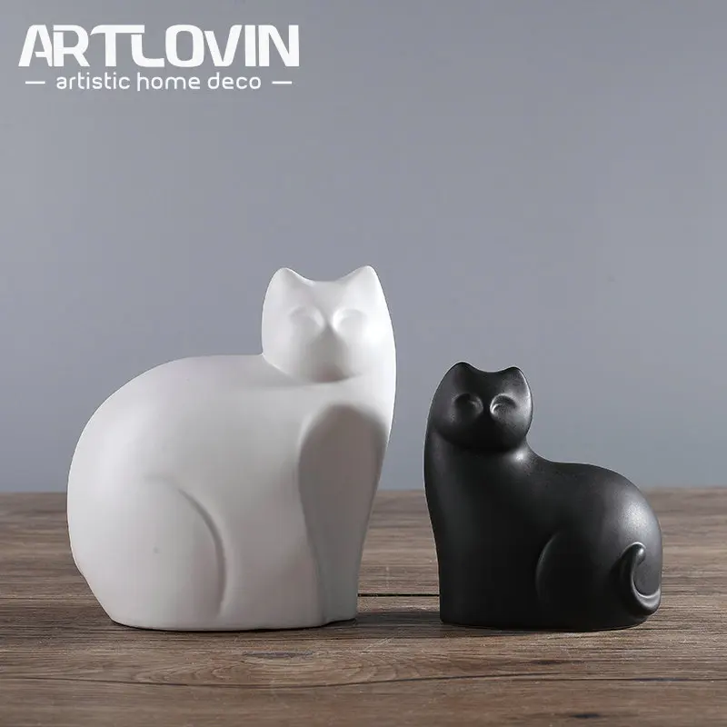 

Creative Ceramic Cat Statues Nordic Artificial Handmade Porcelain Animal Statuette Home Decor Modern Ornaments Matt White Color