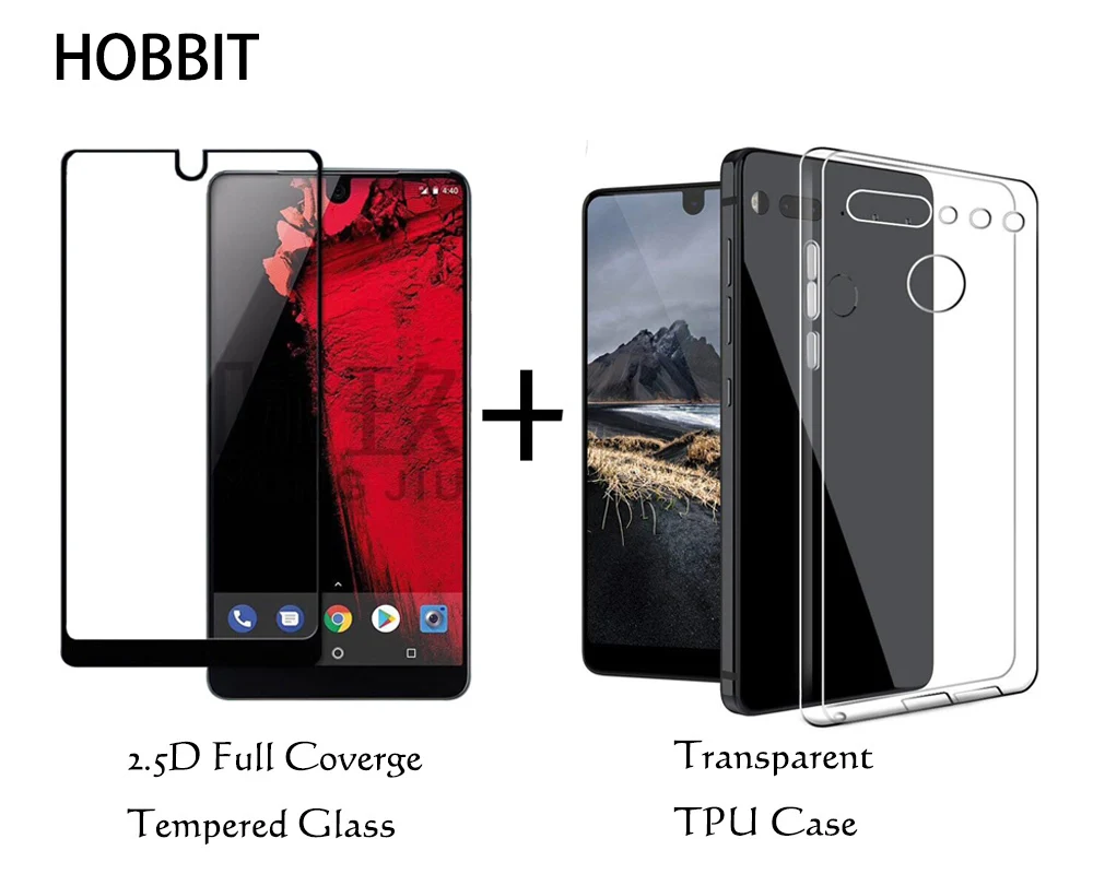

Transparent TPU Protective Back Cover Case For Essential Phone PH-1 9H 0.3mm 2.5D Full Cover Tempered Glass Screen Protector