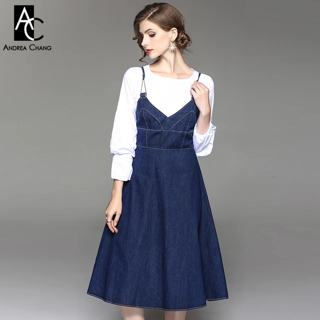 autumn winter woman outfit dress set lantern sleeve white shirt dark blue over knee spaghetti strap